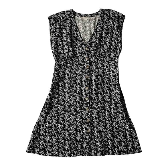 Womens Loft V-Neck Button Mini Shift Dress Black Floral Print Linen-Blend Size 8 - Picture 2 of 7